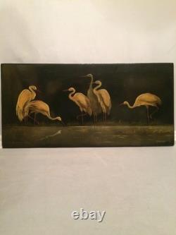 Vintage 1967 Russian Soviet USSR Lacquer Fedoskino Plaque Crane's Sign Kuznethov