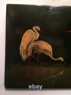 Vintage 1967 Russian Soviet USSR Lacquer Fedoskino Plaque Crane's Sign Kuznethov