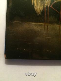 Vintage 1967 Russian Soviet USSR Lacquer Fedoskino Plaque Crane's Sign Kuznethov