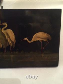 Vintage 1967 Russian Soviet USSR Lacquer Fedoskino Plaque Crane's Sign Kuznethov