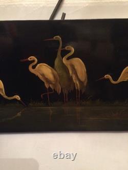 Vintage 1967 Russian Soviet USSR Lacquer Fedoskino Plaque Crane's Sign Kuznethov