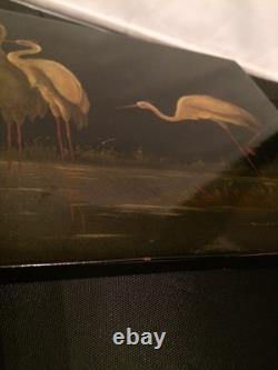 Vintage 1967 Russian Soviet USSR Lacquer Fedoskino Plaque Crane's Sign Kuznethov