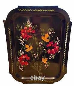 Vintage 80s Soviet Russian USSR Hand Painted Floral Metal Serving Tray