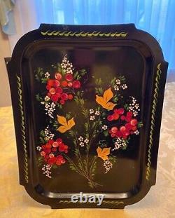 Vintage 80s Soviet Russian USSR Hand Painted Floral Metal Serving Tray