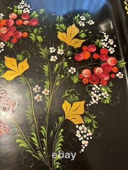 Vintage 80s Soviet Russian USSR Hand Painted Floral Metal Serving Tray