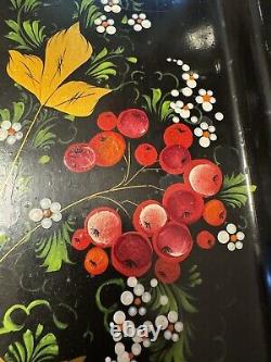 Vintage 80s Soviet Russian USSR Hand Painted Floral Metal Serving Tray