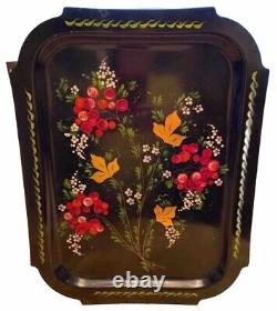 Vintage 80s Soviet Russian USSR Hand Painted Floral Metal Serving Tray