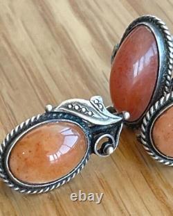 Vintage 875 Silver USSR Soviet Russian Women Set Stone Carnelian Ring Earrings