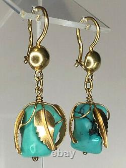 Vintage Antique USSR Soviet Russian 750 Solid 18k Gold turquoise Earrings