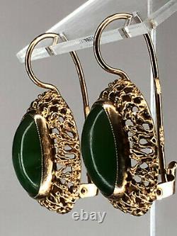 Vintage Antique USSR Soviet Russian Star 583 Solid 14k Gold Jade Earrings