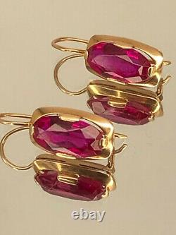 Vintage Antique USSR Soviet Russian Star 583 Solid 14k Rose Gold Ruby Earrings