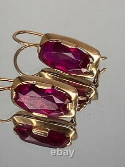 Vintage Antique USSR Soviet Russian Star 583 Solid 14k Rose Gold Ruby Earrings