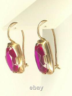 Vintage Antique USSR Soviet Russian Star 583 Solid 14k Rose Gold Ruby Earrings