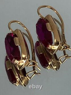 Vintage Antique USSR Soviet Russian Star 583 Solid 14k Rose Gold Ruby Earrings