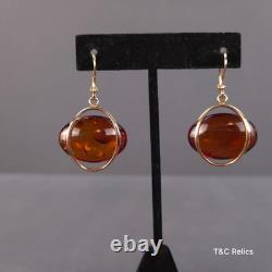 Vintage Baltic Honey Amber Dangle Earrings Russian Soviet USSR 14K 583 Gold RARE