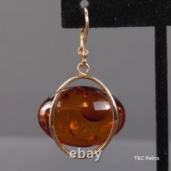 Vintage Baltic Honey Amber Dangle Earrings Russian Soviet USSR 14K 583 Gold RARE