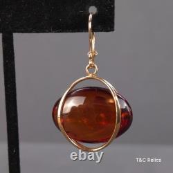 Vintage Baltic Honey Amber Dangle Earrings Russian Soviet USSR 14K 583 Gold RARE