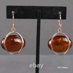 Vintage Baltic Honey Amber Dangle Earrings Russian Soviet USSR 14K 583 Gold RARE