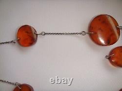Vintage Cognac Baltic Amber Necklace, Russian Solid Silver 875 soviet star 1970s