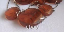 Vintage Cognac Baltic Amber Necklace, Russian Solid Silver 875 soviet star 1970s