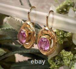 Vintage Earrings Gold 583 14K Ukriane Amethyst Stone Women's Jewelry Old Soviet