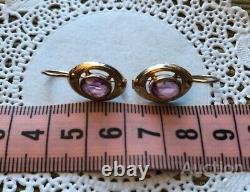 Vintage Earrings Gold 583 14K Ukriane Amethyst Stone Women's Jewelry Old Soviet