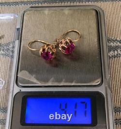 Vintage Earrings Gold 583 Ruby 14K Jewelry Women USSR Russian Soviet Rare Old 20