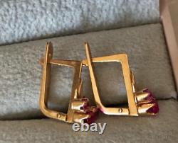 Vintage Earrings Gold 585 14K Ruby Jewelry Women USSR Russian Soviet Rare Old 20