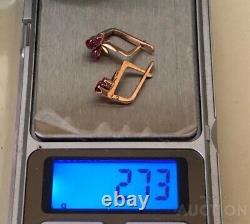 Vintage Earrings Gold 585 14K Ruby Jewelry Women USSR Russian Soviet Rare Old 20