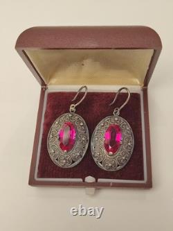 Vintage Earrings Ruby Soviet Women's Jewelry USSR Ruby Russian Silver 875 10gr