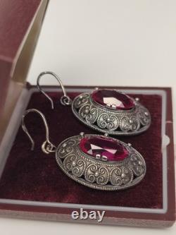 Vintage Earrings Ruby Soviet Women's Jewelry USSR Ruby Russian Silver 875 10gr