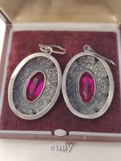 Vintage Earrings Ruby Soviet Women's Jewelry USSR Ruby Russian Silver 875 10gr