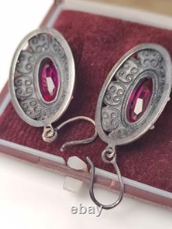 Vintage Earrings Ruby Soviet Women's Jewelry USSR Ruby Russian Silver 875 10gr