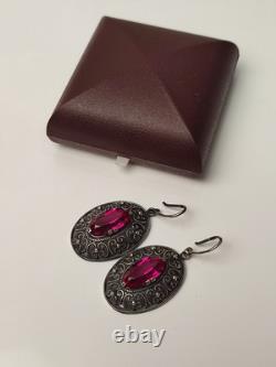 Vintage Earrings Ruby Soviet Women's Jewelry USSR Ruby Russian Silver 875 10gr