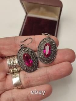 Vintage Earrings Ruby Soviet Women's Jewelry USSR Ruby Russian Silver 875 10gr