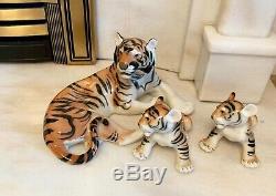 Vintage Fine Porcelain Tiger With 2 Cubs Big Cats Ussr Russian Lomonosov