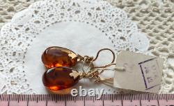 Vintage Gold 583 14K Earrings Amber Womens Jewelry Russian Rare Soviet USSR Mark