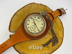 Vintage Molniya Pocket Watch + Leather Strap Mechanical Soviet USSR Russian Rare