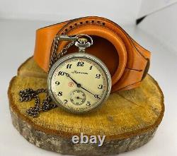 Vintage Molniya Pocket Watch + Leather Strap Mechanical Soviet USSR Russian Rare