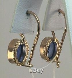 Vintage Original Soviet Russian Blue Corundum Rose Gold Earrings 583 14K USSR
