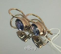 Vintage Original Soviet Russian Blue Corundum Rose Gold Earrings 583 14K USSR