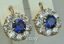 Vintage Original Soviet Russian Dark Blue Corundum Gold Earrings 583 14K USSR