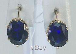 Vintage Original Soviet Russian Dark Blue Corundum Gold Earrings 583 14K USSR