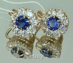 Vintage Original Soviet Russian Dark Blue Corundum Gold Earrings 583 14K USSR