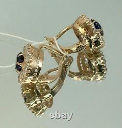 Vintage Original Soviet Russian Dark Blue Corundum Gold Earrings 583 14K USSR