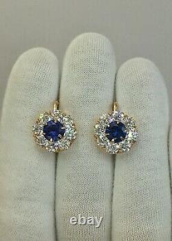 Vintage Original Soviet Russian Dark Blue Corundum Gold Earrings 583 14K USSR