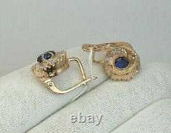 Vintage Original Soviet Russian Dark Blue Corundum Gold Earrings 583 14K USSR