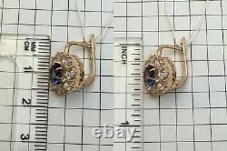 Vintage Original Soviet Russian Dark Blue Corundum Gold Earrings 583 14K USSR