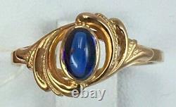 Vintage Original Soviet Russian Rose Gold Ring with Blue Corundum 585 14K USSR