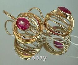 Vintage Original Soviet Solid Rose Gold Ruby Earrings 583 14K USSR, Russian Ruby
